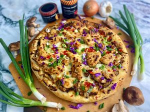 Serious Foodie Chinese Bbq Chicken And Mushroom Pizza With Vietnamese Chili Hot Sauce Kick