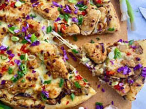 Serious Foodie Chinese Bbq Chicken And Mushroom Pizza With Vietnamese Chili Hot Sauce Kick