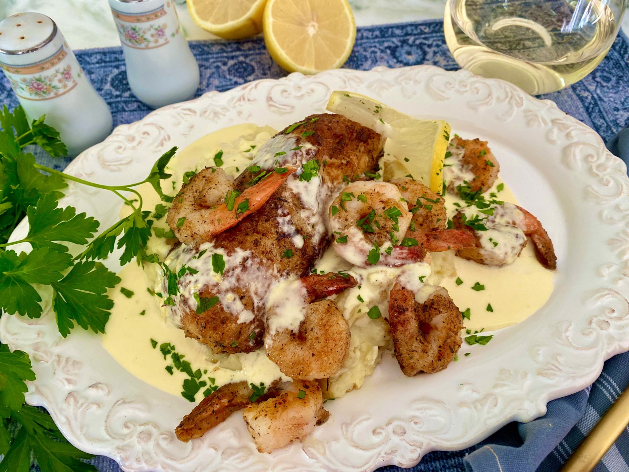 SUPERBLY HERBY CHILEAN SEA BASS AND SHRIMP WITH LEMON CREAM SAUCE