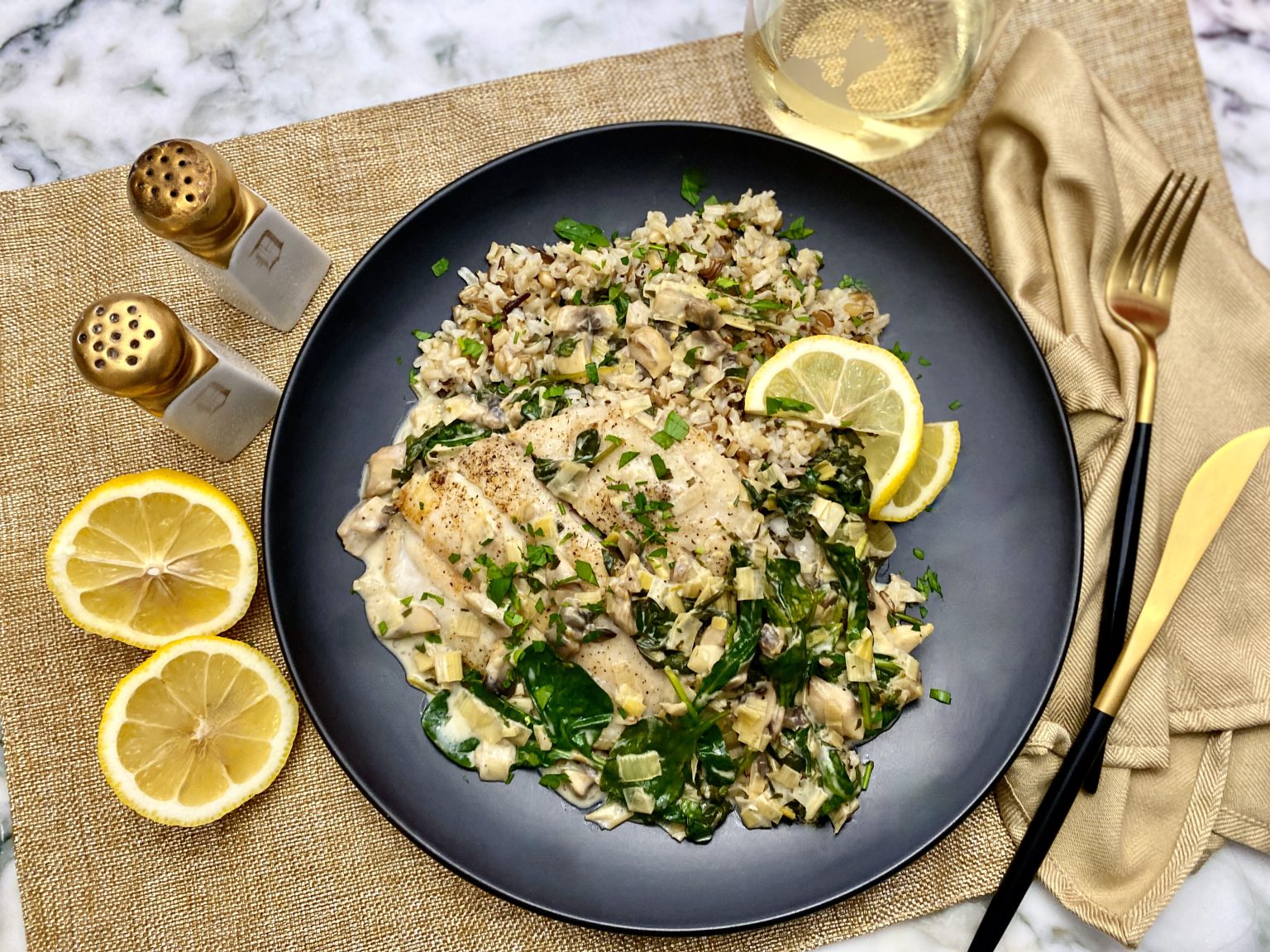 FLOUNDER BATHED IN LEEK, MUSHROOM, AND SPINACH LEMON CREAM Dish off the Block