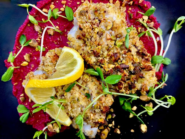 PISTACHIO CRUSTED COD OVER BEET HUMMUS PUREE Dish off the Block
