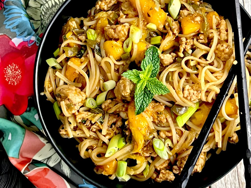 Spicy Pork And Mango Stir Fry Noodles With Mint