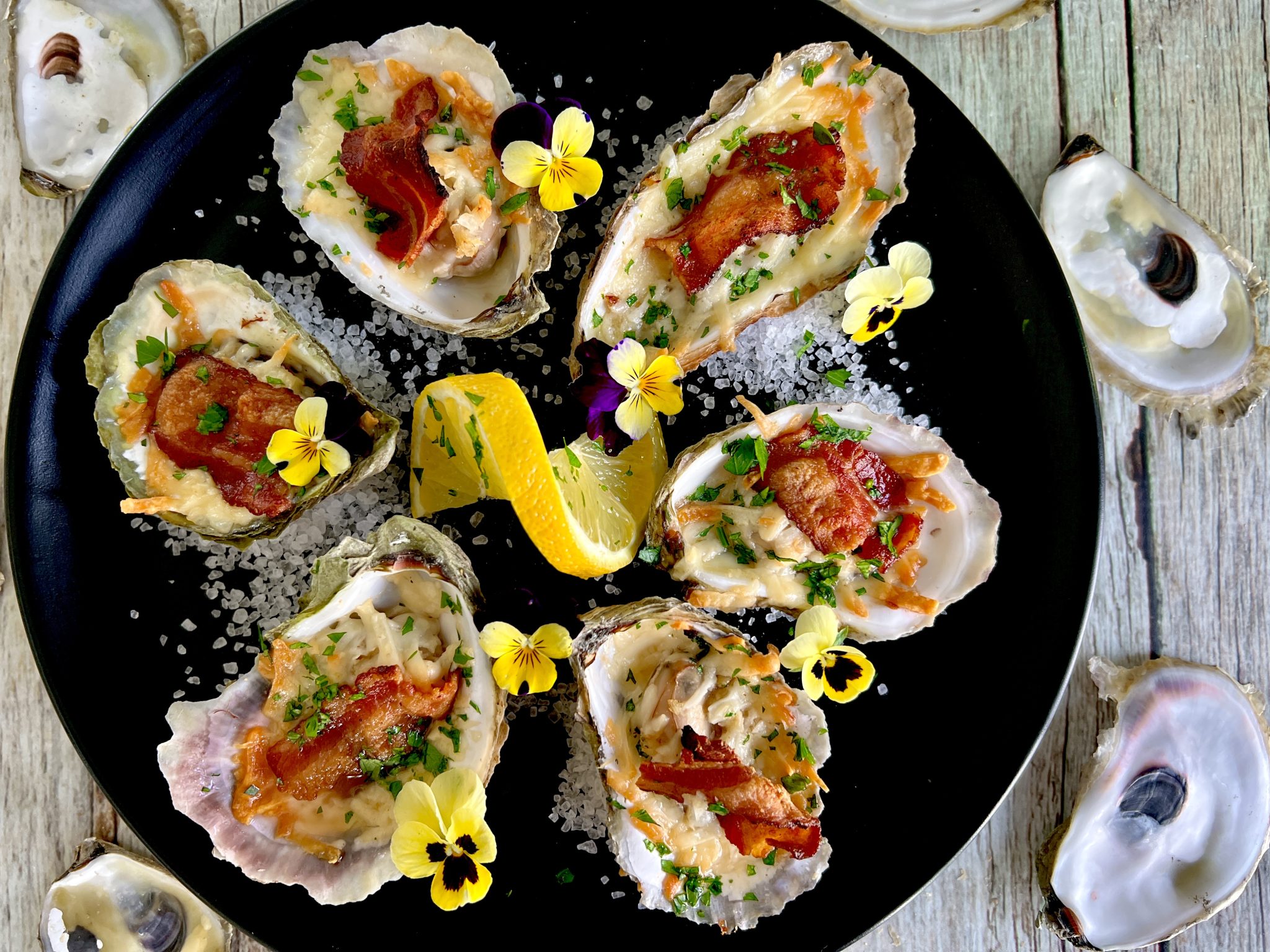 ZINGALING BROILED HORSERADISH, PARMESAN, AND BACON OYSTERS Dish off