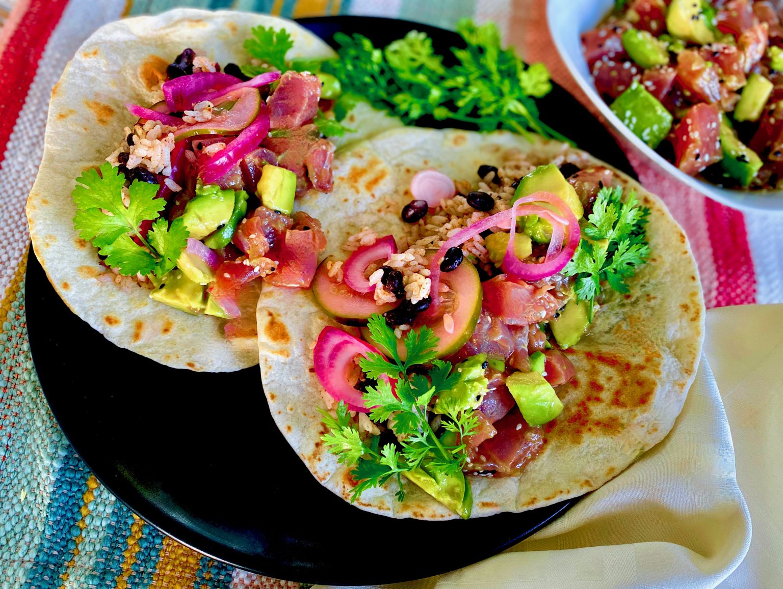 LOADED AHI TUNA TACOS WITH PICKLED ONIONS, RICE & BEANS Dish off the