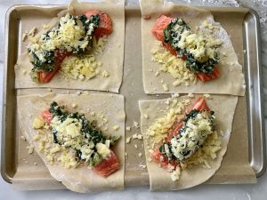 SALMON WITH CHEESY SPINACH AND SHRIMP STUFFING EN CROUTE
