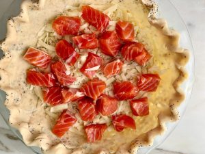 HERBY SALMON AND BACON QUICHE WITH EVERYTHING BAGEL CRUST