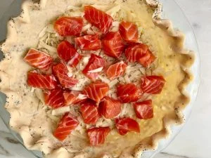 HERBY SALMON AND BACON QUICHE WITH EVERYTHING BAGEL CRUST