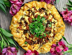 RUSTIC CHICKEN, BACON, DATE, AND GOAT CHEESE TART WITH MAPLE CREAM