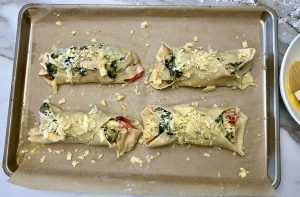 SALMON WITH CHEESY SPINACH AND SHRIMP STUFFING EN CROUTE