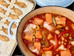 VERACRUZ STYLE FISH STEW WITH PIE CRUST CROUTONS