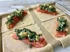 SALMON WITH CHEESY SPINACH AND SHRIMP STUFFING EN CROUTE