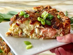 HERBY SALMON AND BACON QUICHE WITH EVERYTHING BAGEL CRUST