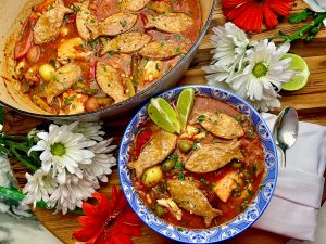VERACRUZ STYLE FISH STEW WITH PIE CRUST CROUTONS