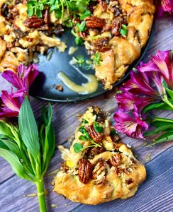 RUSTIC CHICKEN, BACON, DATE, AND GOAT CHEESE TART WITH MAPLE CREAM