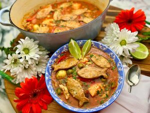 VERACRUZ STYLE FISH STEW WITH PIE CRUST CROUTONS