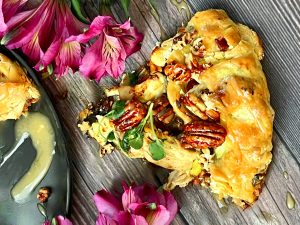 RUSTIC CHICKEN, BACON, DATE, AND GOAT CHEESE TART WITH MAPLE CREAM
