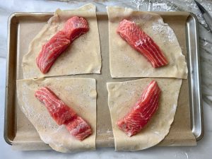 SALMON WITH CHEESY SPINACH AND SHRIMP STUFFING EN CROUTE