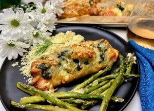 SALMON WITH CHEESY SPINACH AND SHRIMP STUFFING EN CROUTE