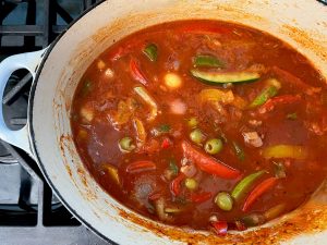 VERACRUZ STYLE FISH STEW WITH PIE CRUST CROUTONS