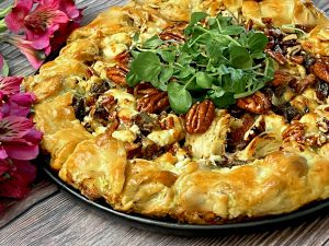 RUSTIC CHICKEN, BACON, DATE, AND GOAT CHEESE TART WITH MAPLE CREAM