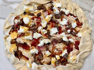 RUSTIC CHICKEN, BACON, DATE, AND GOAT CHEESE TART WITH MAPLE CREAM