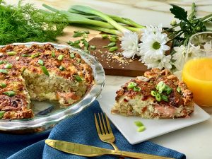 HERBY SALMON AND BACON QUICHE WITH EVERYTHING BAGEL CRUST