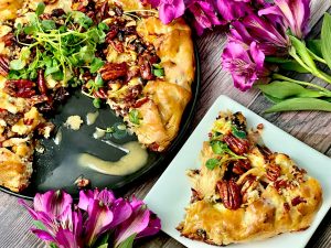 RUSTIC CHICKEN, BACON, DATE, AND GOAT CHEESE TART WITH MAPLE CREAM