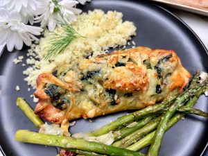 SALMON WITH CHEESY SPINACH AND SHRIMP STUFFING EN CROUTE