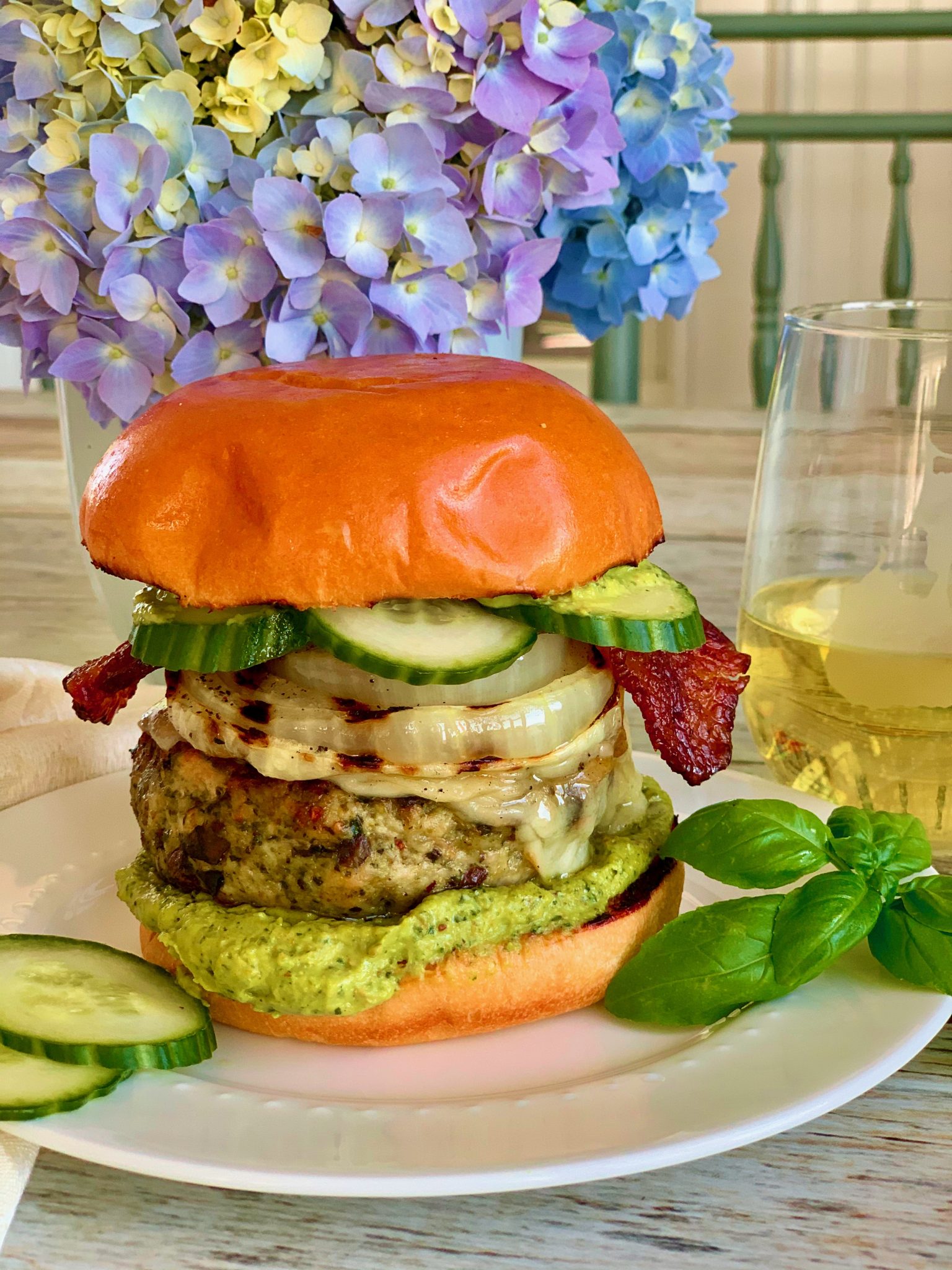 PESTO PORK BLENDED BURGERS WITH AVOCADO PESTO MAYONNAISE, GRILLED