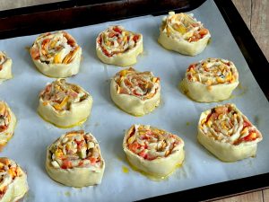 CHEESY SALSA PINWHEEL PUFFS