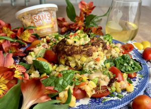 ISLAND TIME CRAB CAKE SALAD WITH MANGO PINEAPPLE REMOULADE