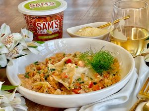 SHORTCUT SAUSAGE RAVIOLI WITH SALSA AND FENNEL CREAM SAUCE