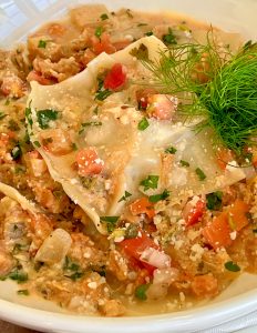 SHORTCUT SAUSAGE RAVIOLI WITH SALSA AND FENNEL CREAM SAUCE