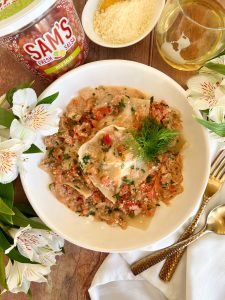 SHORTCUT SAUSAGE RAVIOLI WITH SALSA AND FENNEL CREAM SAUCE