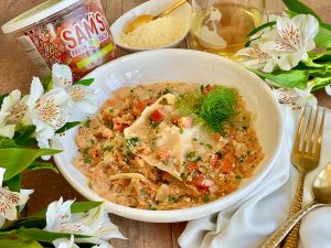 SHORTCUT SAUSAGE RAVIOLI WITH SALSA AND FENNEL CREAM SAUCE