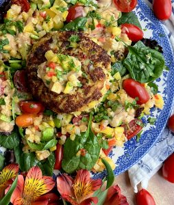 ISLAND TIME CRAB CAKE SALAD WITH MANGO PINEAPPLE REMOULADE