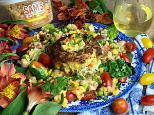 ISLAND TIME CRAB CAKE SALAD WITH MANGO PINEAPPLE REMOULADE