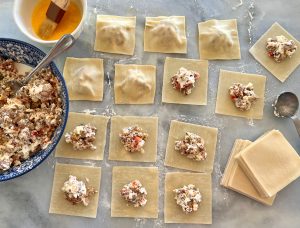 SHORTCUT SAUSAGE RAVIOLI WITH SALSA AND FENNEL CREAM SAUCE
