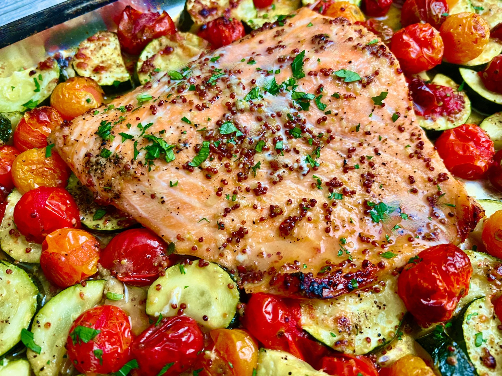 HONEY MUSTARD SALMON SHEET PAN DINNER WITH PARMESAN ZUCCHINI AND
