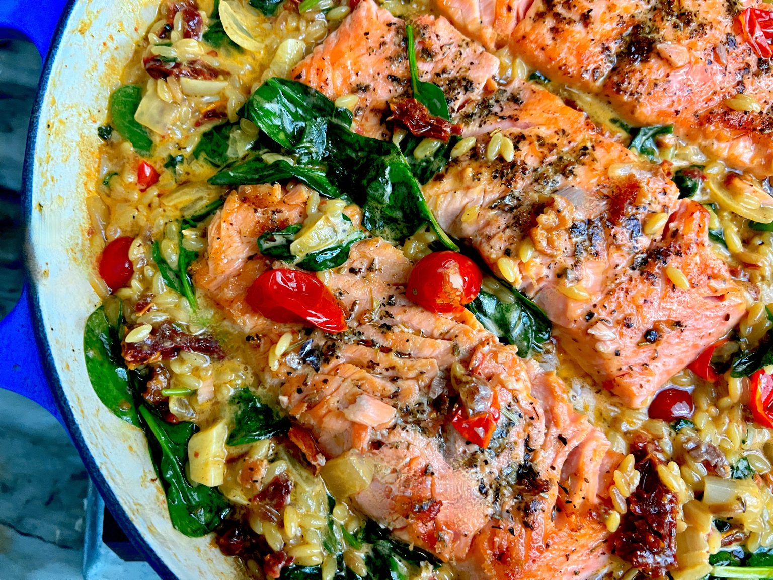 TUSCAN SALMON ORZO SKILLET - Dish off the Block