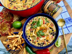 TEX MEX BEER & QUESO CHICKEN CHOWDER WITH CRUNCHY TORTILLA STRIPS