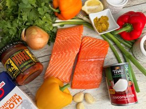 EASY ONE PAN SALMON AND BELL PEPPER COCONUT CURRY