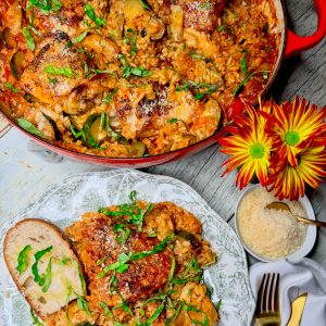 Easy One Pan Italian Chicken Thighs With Zucchini, Artichoke Hearts, And Orzo