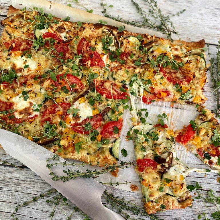 LOADED VEGETABLE TART WITH HERBS AND LEEK MAYO CREAM