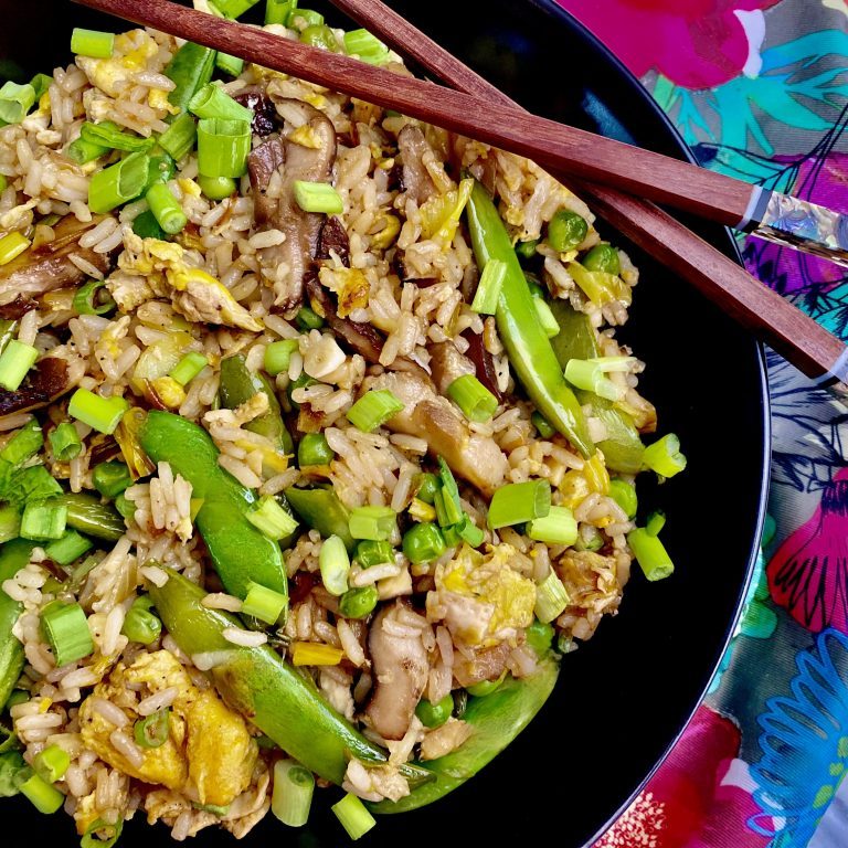 Leek and Mushroom Fried Rice with Pea Pods