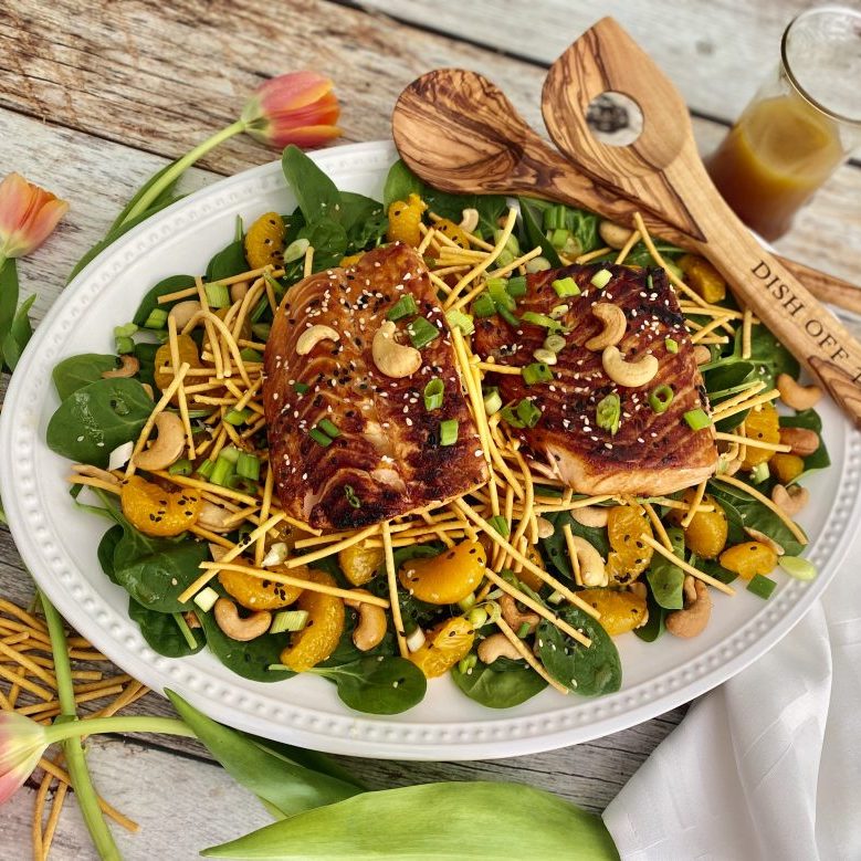 Maple Soy Salmon Salad with Spinach, Mandarin, Cashew