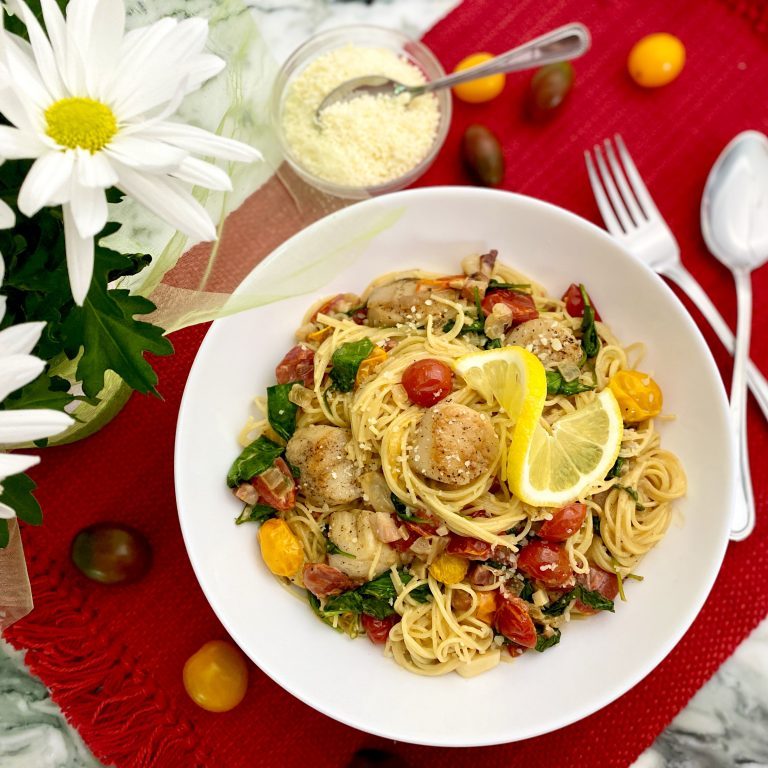 Scallops In Pancetta Parmesan Cream Sauce Over Angel Hair